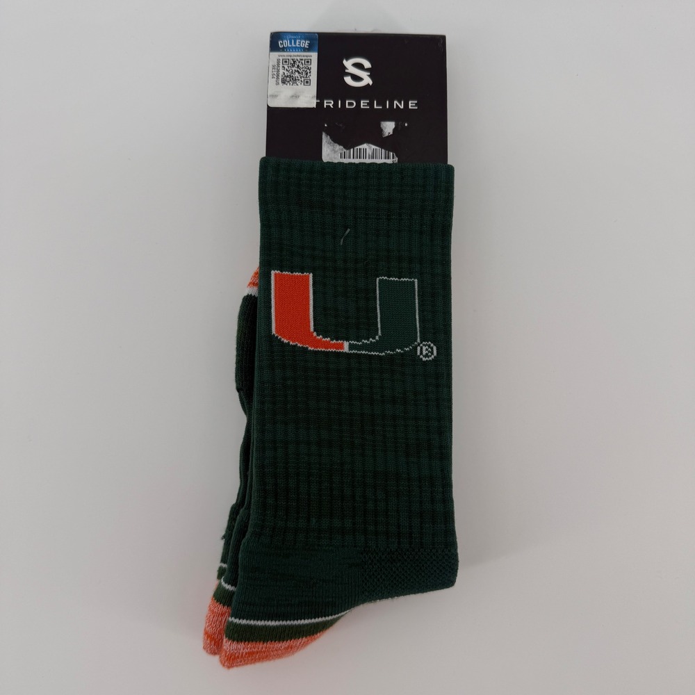 Strideline Miami Hurricanes NCAA Full Knit 2 Crew Socks Green Orange NWT